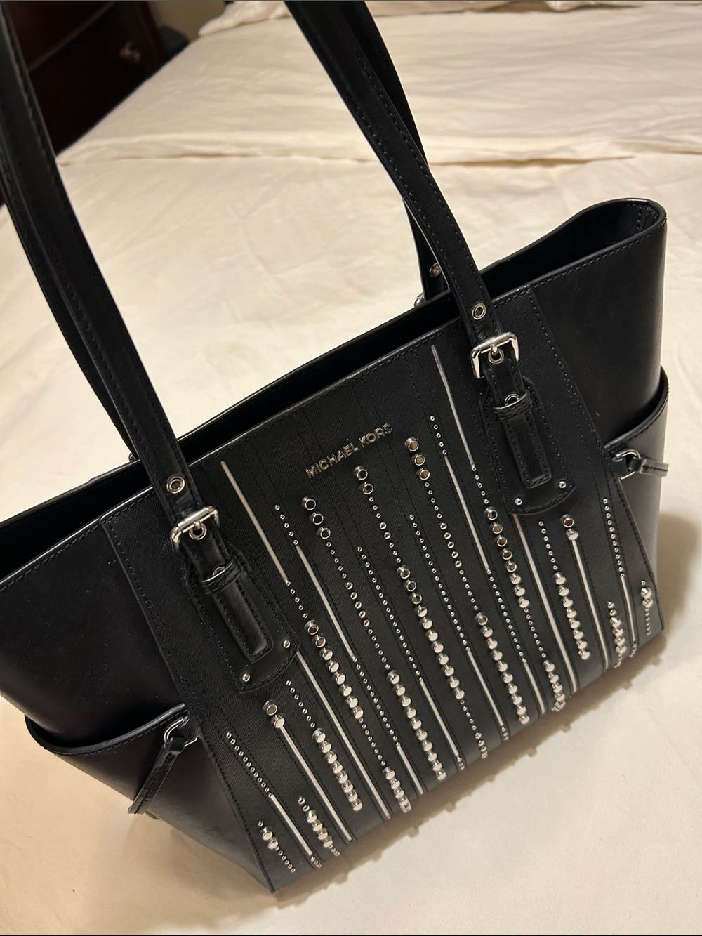 Michael Kors Black Leather Tote with Silver Stud Detailing